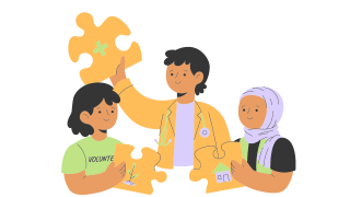 Grafika. Wolontariuszka, lekarz i dziewczyna w chuście z krajów arabskich rozmawiają ze sobą. Trzymają w dłoniach puzzle. 