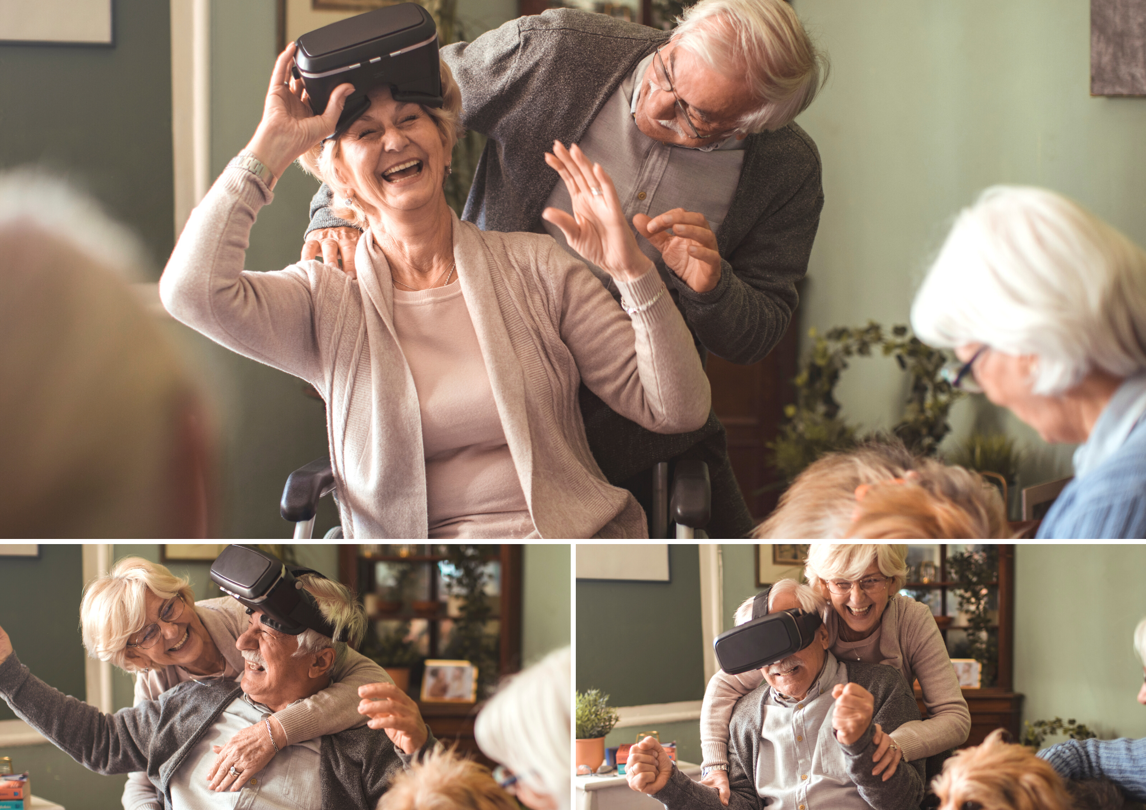 Kolaż trzech zdjęć. Na nich uśmiechnięta para seniorów: kobiety, która siedzi na wózku i mężczyzny. Seniorzy kolejno ubierają okulary VR, przytulają się do siebie, szeroko się uśmiechając. 